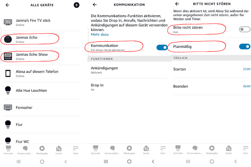 Die Kommunikation wird in der Alexa App ausgestellt bzw. es werden bitte nicht Stören Zeiten festgelegt